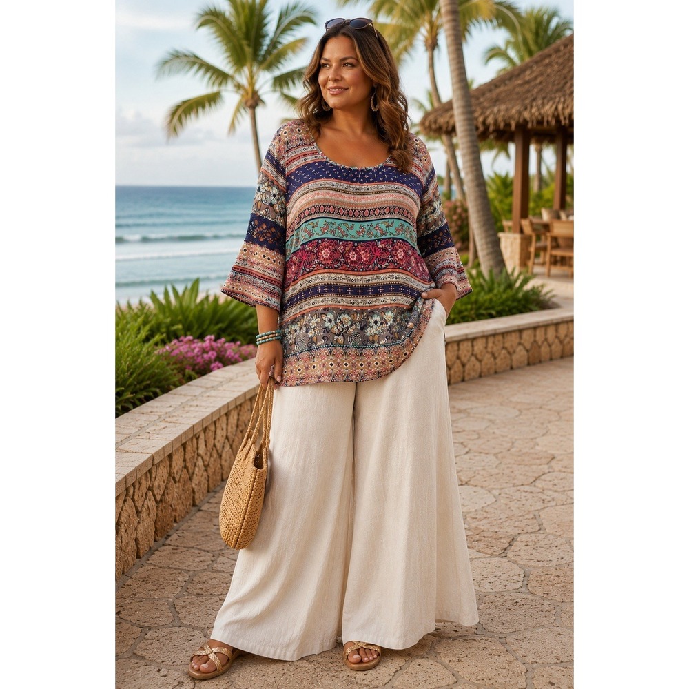 Justify 3X Boho Peasant Blouse Floral Border Print Crochet Trim Top SS35